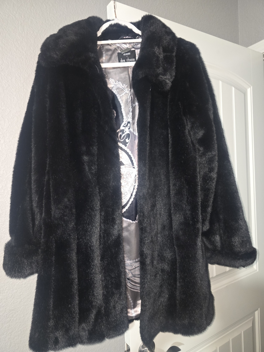 dennis basso Black Faux Fur Coat with Patterned Satin Lining